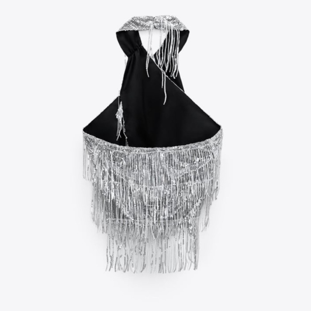 Zara Silver Sequin Fringe Halter Crop Top - Picture 10 of 12